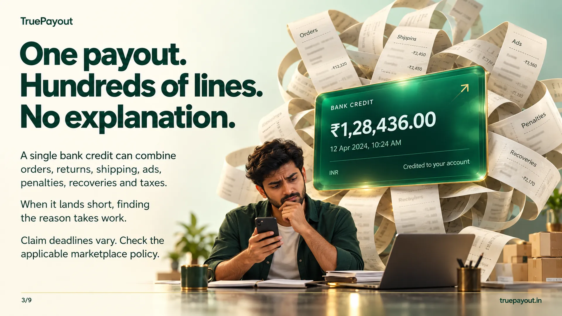 One payout. Hundreds of lines. No explanation. A single bank credit can combine orders, returns, shipping, ads, penalties, recoveries and taxes. When it lands short, finding the reason takes work. Claim deadlines vary. Check the applicable marketplace policy.