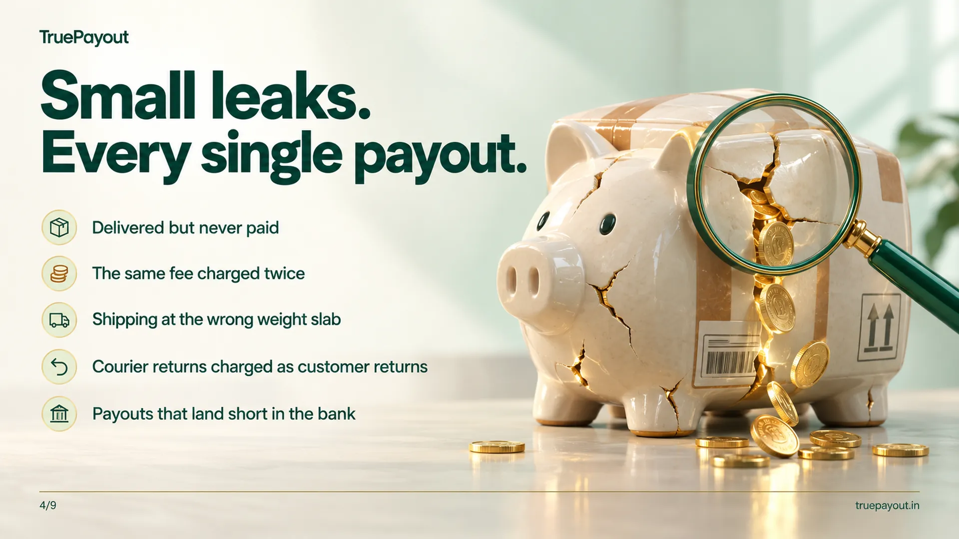 Small leaks. Every single payout. Delivered but never paid The same fee charged twice Shipping at the wrong weight slab Courier returns charged as customer returns Payouts that land short in the bank