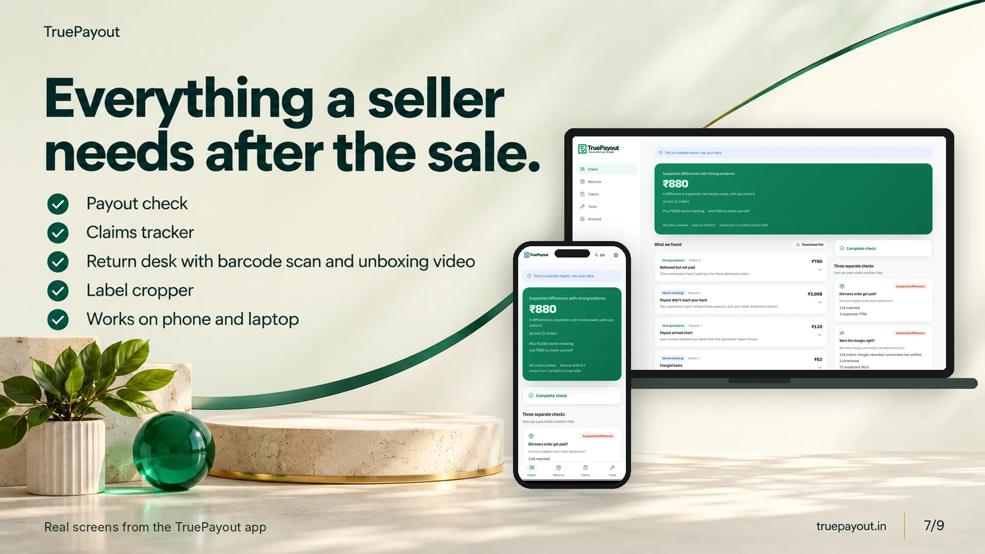 Everything a seller needs after the sale. Payout check Claims tracker Return desk with barcode scan and unboxing video Label cropper Works on phone and laptop Real screens from the TruePayout app.