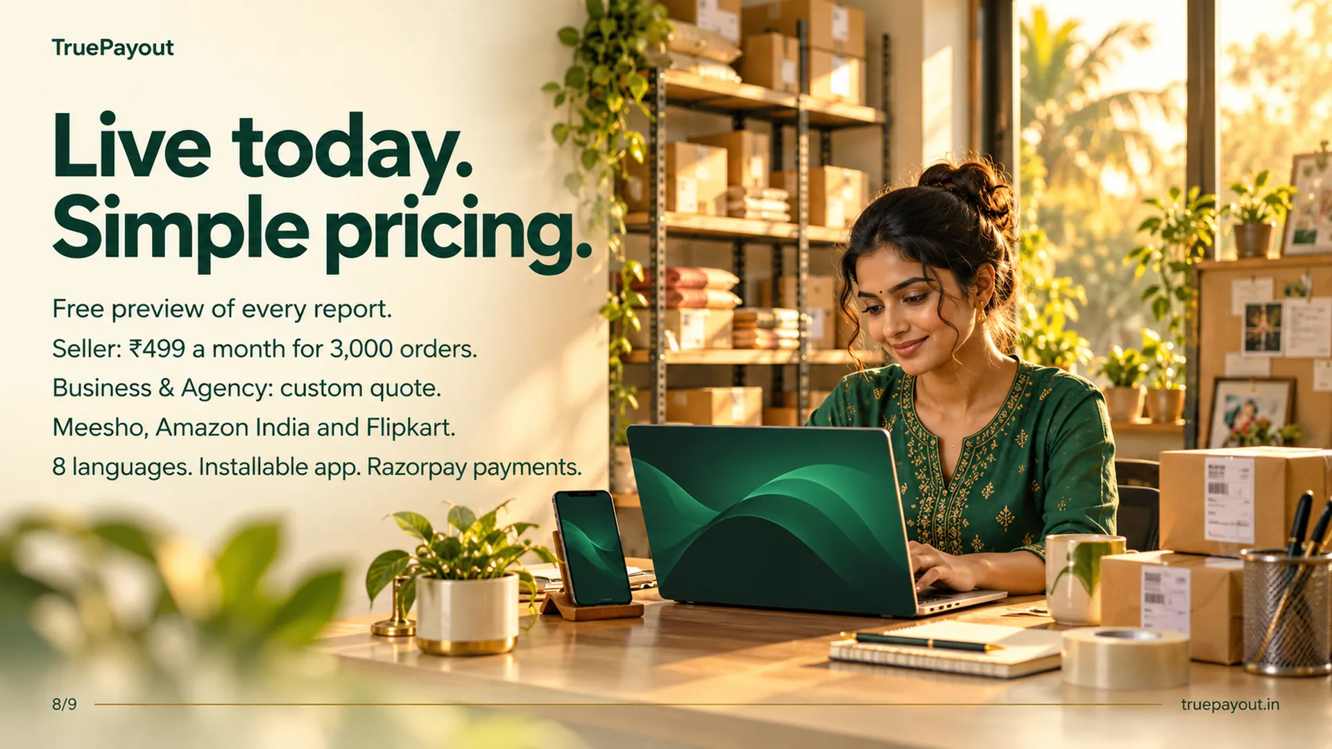 Live today. Simple pricing. Free preview of every report. Seller: ₹499 a month for 3,000 orders. Business & Agency: custom quote. Meesho, Amazon India and Flipkart. 8 languages. Installable app. Razorpay payments.
